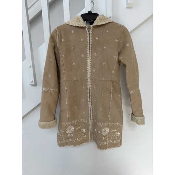 GAP Kids Faux Suede Hooded Sherpa Lined Boho Floral Embroidered Coat Size L / 10 - Picture 10 of 10